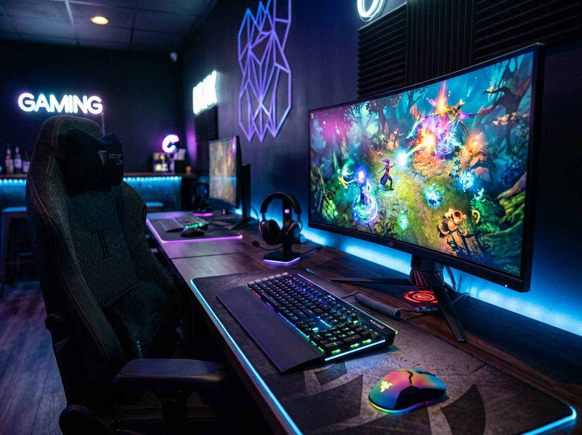 Gaming station with RGB keyboard and monitor in a stylish gaming lounge